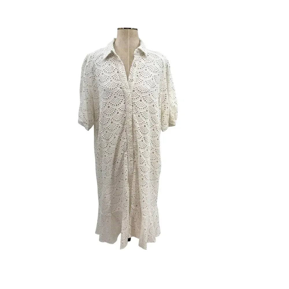 Tanya Taylor Aliciana Eyelet Lace Shirt Dress White Cotton Midi Size 18 NWT